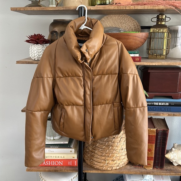 Apparis Brown Leather Puff Coat - Picture 5 of 9